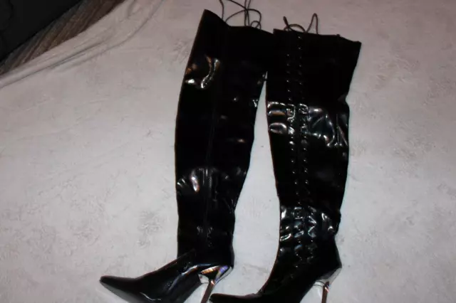 Black Shiny Patent Side Lace Thigh High Stiletto Heel Boots Size 5 Uk 38 Euro 1