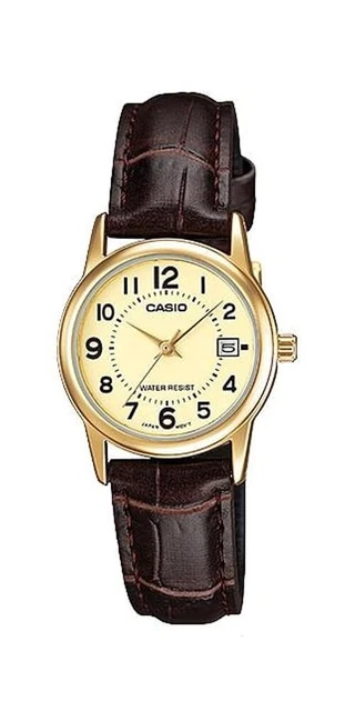 CASIO WOMEN'S GOLD Tone Leather Band Easy Reader Dial Date Watch