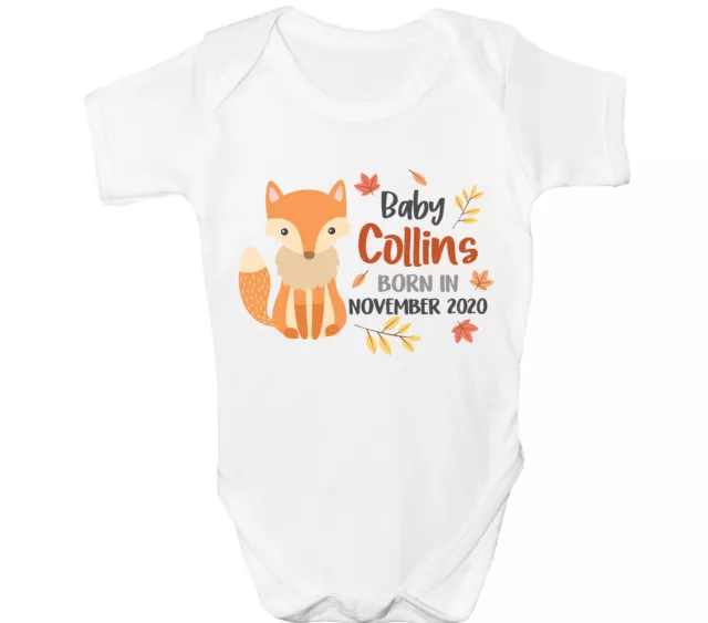 Personalised Fox Baby Grow Suit Announcement Vest Boy Girls Any Name Date Gift