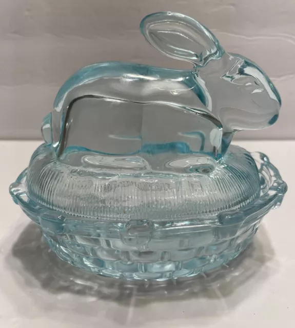 William Sonoma Bunny Nest Basket Trinket Box Dish Clear Blue Rabbit Easter Glass