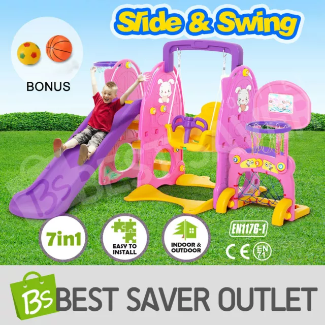 7in1 Kids Toddlers Swing Slide Activity Center Basketball Ring Hoop Play Toy Set