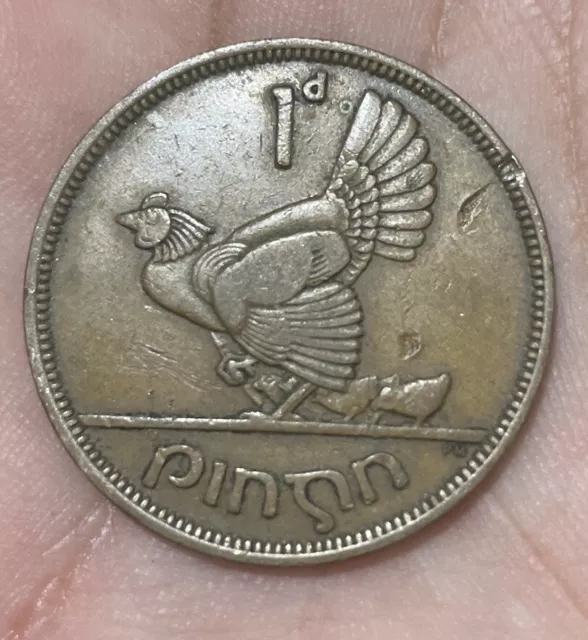 1942 Ireland Irish 1 Pingin Penny Coin hen with chicks