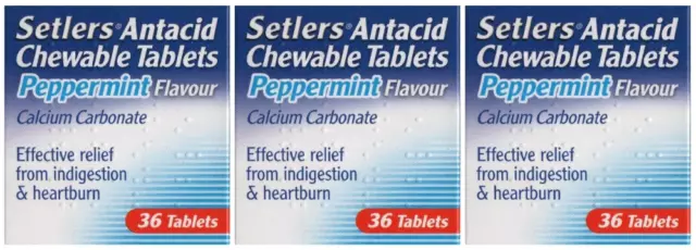 3 Pack - Setlers Antacid Chewable Tablets Peppermint Flavour 36 Tablets Per Box