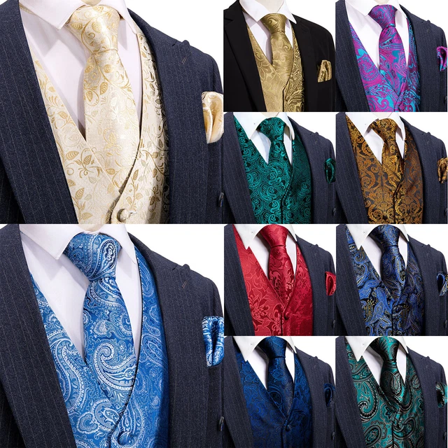 Outdoor Party Mens Waistcoat Silk Slim Fit Vest Tie Hankie Cufflinks Set Gilet