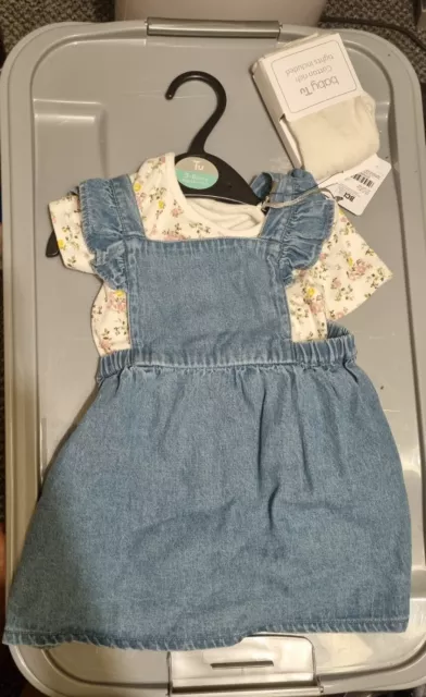 Tu baby girl Denim Dress Pinafore with tights 3-6 months Foral Cotton