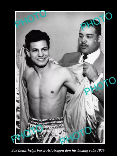 OLD POSTCARD SIZE PHOTO OF BOXING CHAMPIONS JOE LOUIS & ART ARAGON c1956