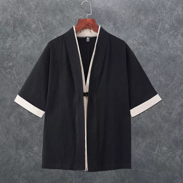 Men Shirt Top Loose 3/4 Sleeve Ethnic Cotton Blend Hanfu Kimono Frog Button Chic 3