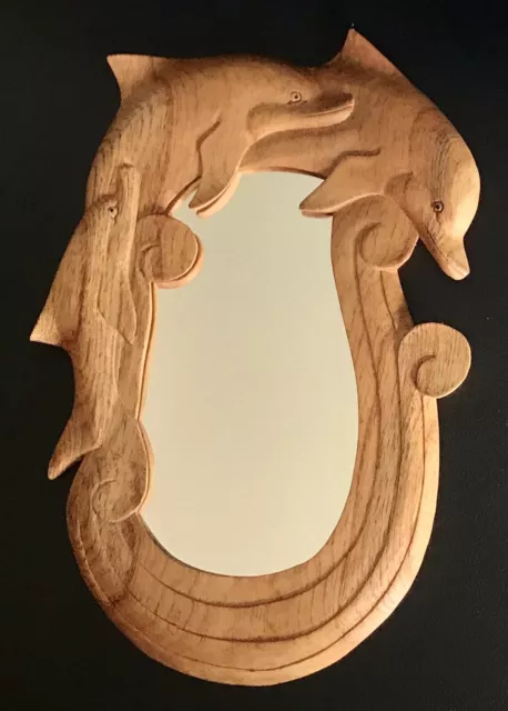 Hawaiian Art Hand Carved Wood DOLPHINS IN WAVES Wall MIRROR Home Office Decor