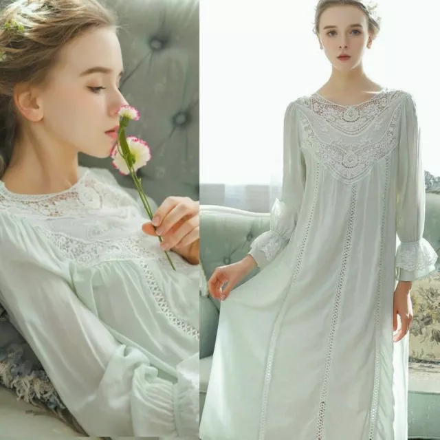 Womens Victorian Retro Nightdress Cotton Nightgown Sleepwear Guipure Lace