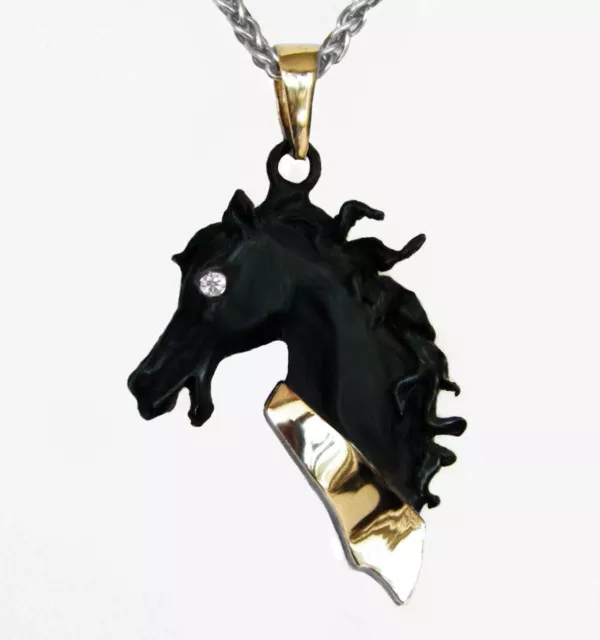 Beautiful Oxidized Sterling Silver 14K Gold SI1 Diamond Horse Pendant Necklace
