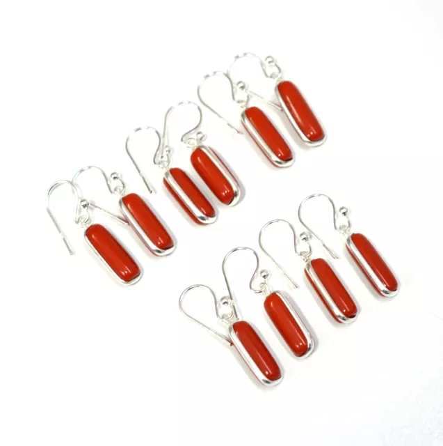 WHOLESALE 5PR 925 SOLID STERLING SILVER RED CORAL HOOK EARRING LOT e617