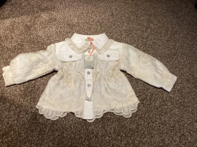 Beautiful River Island Baby Girl Cream Denim/lace blouse/ jacket.age 9/12 mths.
