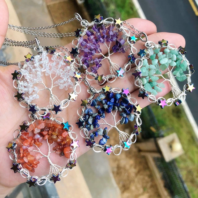 Natural Gem Stone Tree Of Life Moon Star Pendant Necklace Reiki Healing Amulet