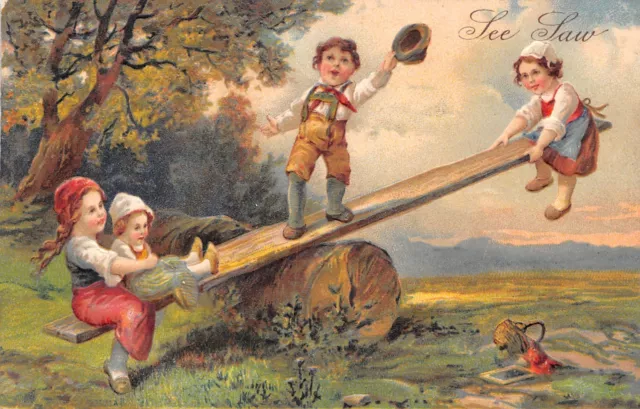 PFB See Saw~Children on Homemade Teeter Totter~Log in Woods~1907 Emboss PC~#6943