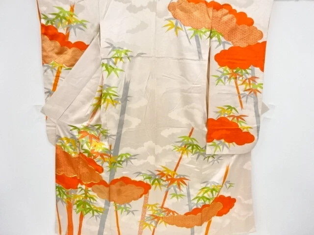 82876# Japanese Kimono / Antique Furisode / Embroidery / Cloud & Bamboo Gras