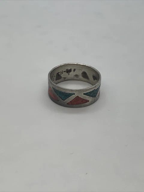 VTG Taxco Mexico Sterling Silver Turquoise & Coral Triangle Inlay Band Ring 5.5