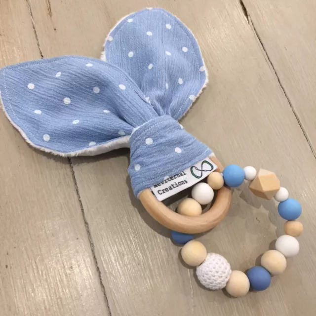 Wood & Silicone Beads,Crinkle Sound Bunny Ears, Soother Ring/Beads Blue