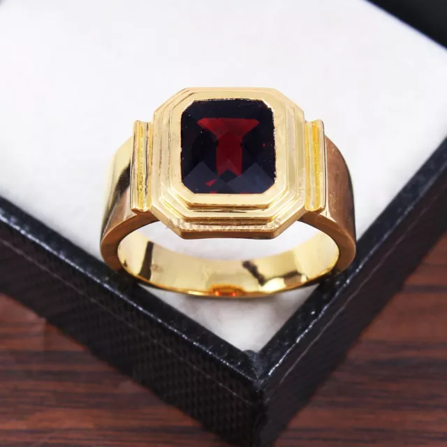 Natural Garnet Gemstone With 14K Gold Plated Silver Ring for Men's #881 3