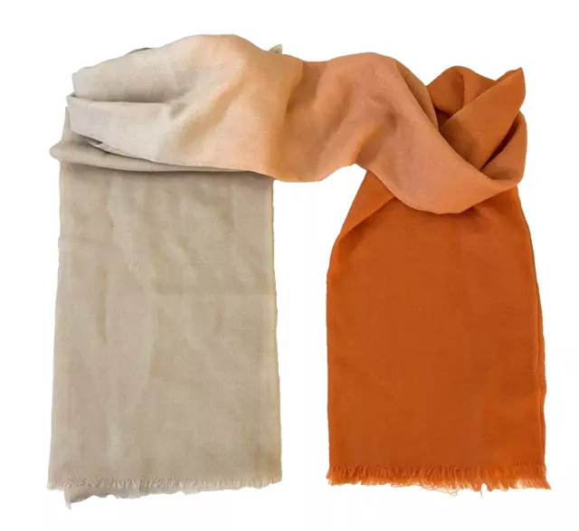 Yarnz Orange Ivory Cashmere Wool Rectangular Neck Scarf Wrap Women