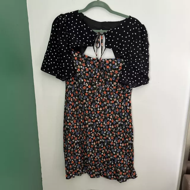 ASOS Design Floral Polka Dot Mini Dress Short Sleeve Open Back Size US 12 UK 16