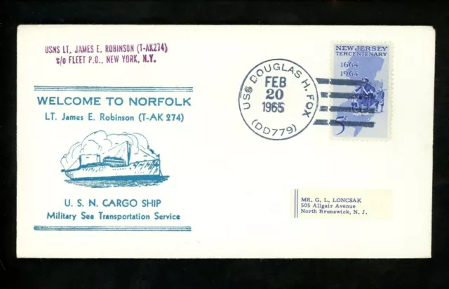 US Naval Ship Cover USS Fox DD-779 Vietnam War 2/20/1965 USS Robinson T-AK-274