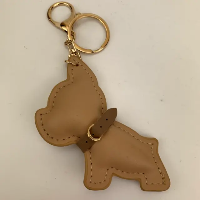 French Bulldog Keychain Bag Charm Frenchie Faux Leather Vegan Tan & Gold Fawn