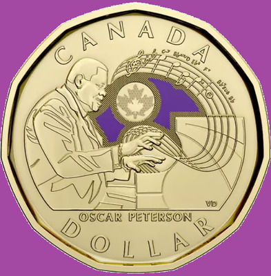 2022 Canada Oscar Peterson Coloured One Dollar Loonie. Mint UNC $1 Coin Loon