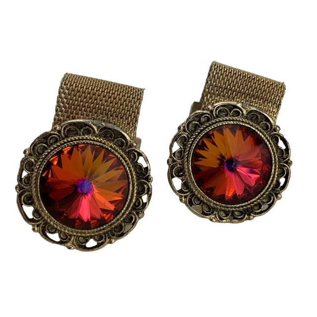 VTG 70s Large Rivoli Crystal Cufflinks Ornate Watermelon Prism Wrap Around Bling