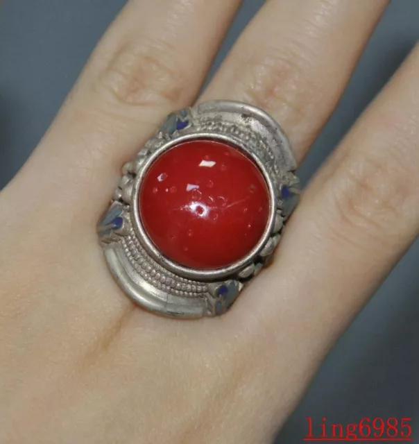 China Tibetan silver Inlay gemstone Exorcism Jewelry ring Adjustable size