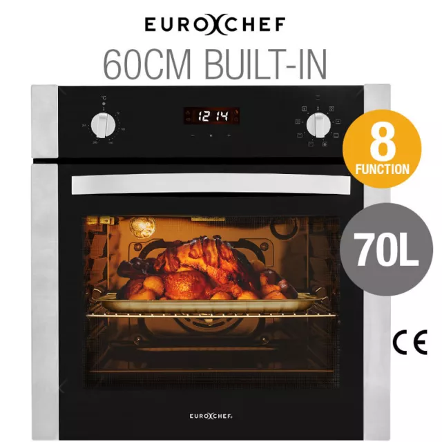 60cm Stainless Built-in 70L Grill 8 Function  Fan Forced Electric Wall Oven