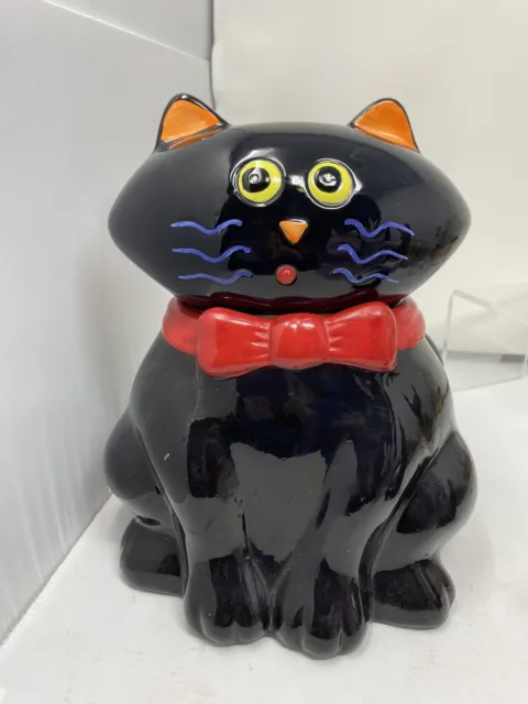 Whimsical Black Cat Cookie Jar With Red Bow Tie Halloween Modern Felix Kitty 10"