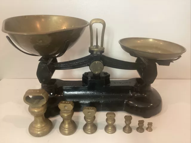 Antique Vintage Kitchen Scales Libra Co England Cast Iron with Brass Weights