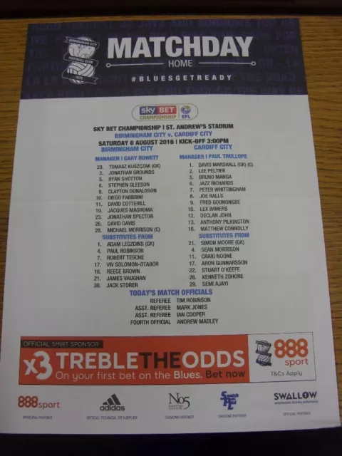 06/08/2016 Colour Teamsheet: Birmingham City v Cardiff City (folded). Bobfrankan