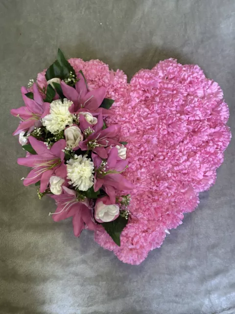 Pink Artificial Silk Funeral Heart Tribute Wreath Memorial Flowers Mum Nan Sis