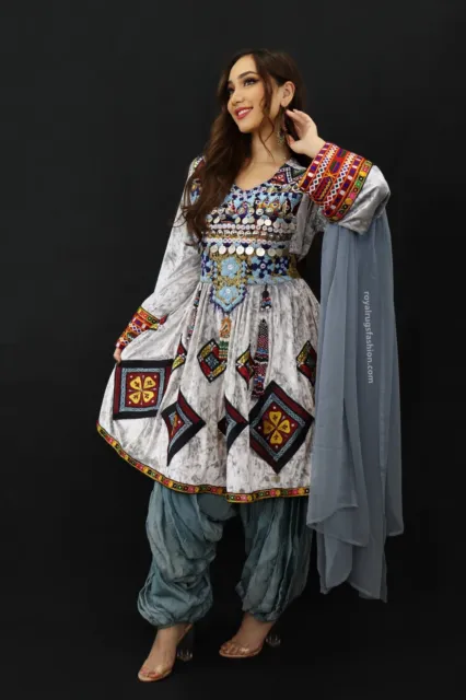 Afghani Gray Gand E Afghani Handmade Afghan Women Dress #2019