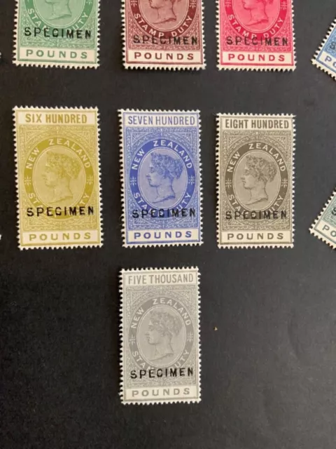 1882 New Zealand Stamp Duty, QV  7/- to £5000 21 stamps SPECIMEN essay. 2