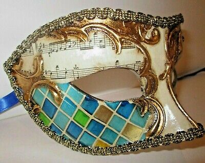 Mar100M Handmade In Italy Masquerade Papier Mache Carnival Party Mask Blue/Gold