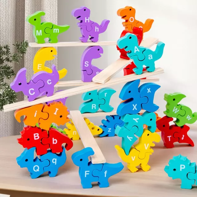 Wood Animal Blocks Educational Balance Game Dinosaur Stacking Building Toy