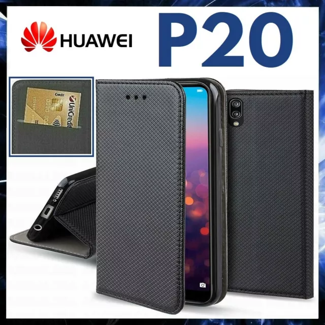 CUSTODIA A PORTAFOGLIO LIBRO per HUAWEI P20 Cover Pelle Nera Flip Magnetica P 20