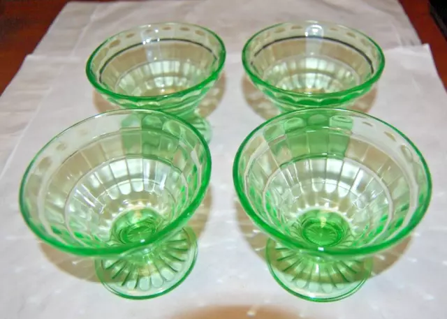 Vintage Set of 4 Anchor Hocking Optic Green Uranium Depression Glass Sherbets