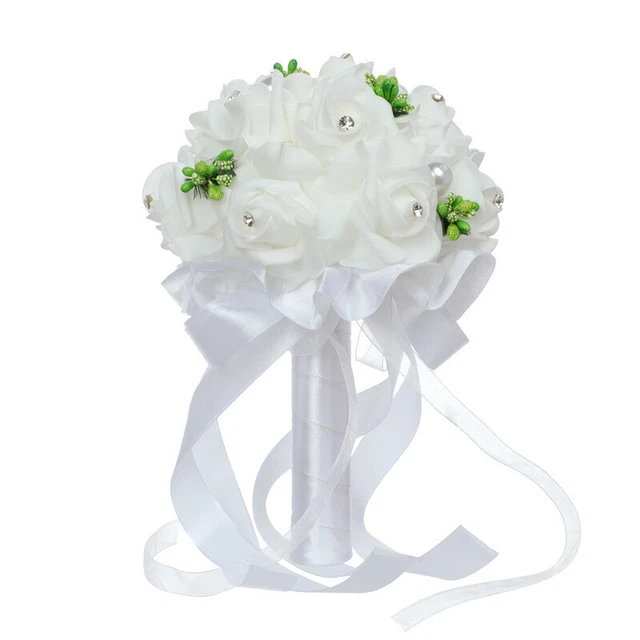 Bouquet Matrimonio Damigella d'Onore Seta Bianca Fiori Rose Accessori Matrimonio*t~