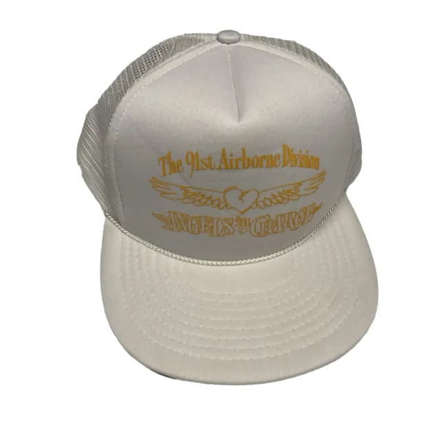 Vintage 90s Trucker Hat Cap Army 91st Airborne Division “Angels In Charge” White