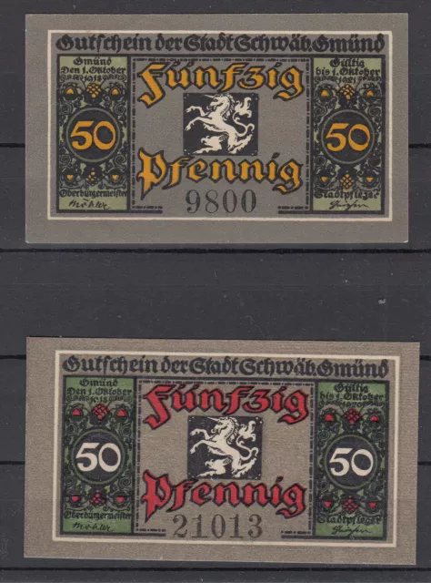 Schwäbisch Gmünd - Stadt - 2x 50 Pfennig - 01.10.1918 - Tieste 6725-05.10+15