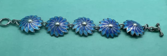 Vintage Sterling Silver Blue Guilloche Enamel Flower Panel Bracelet 925