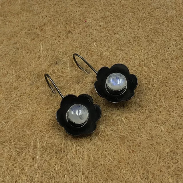 Natural White Rainbow Moonstone Gemstone Hoop Black Plated Earrings 925 Silver