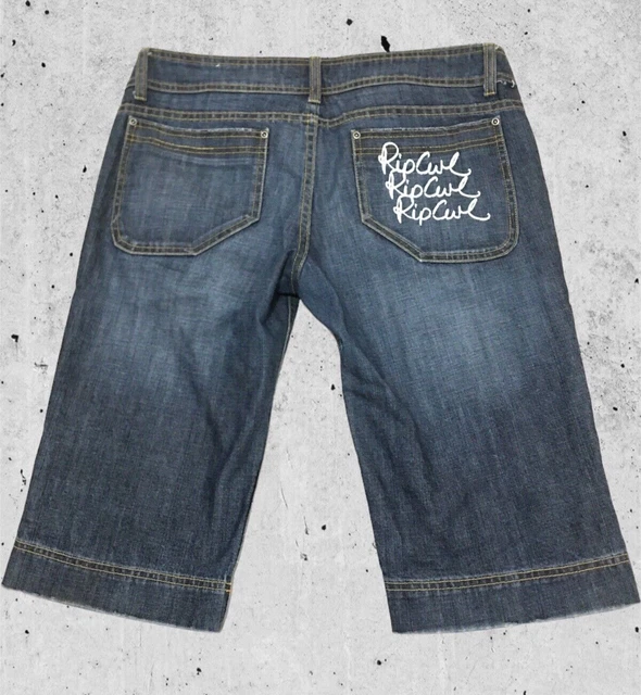 Vintage Rip Curl Denim RC-069 Blue Designer Board Shorts W34 Spell Out Logo Surf