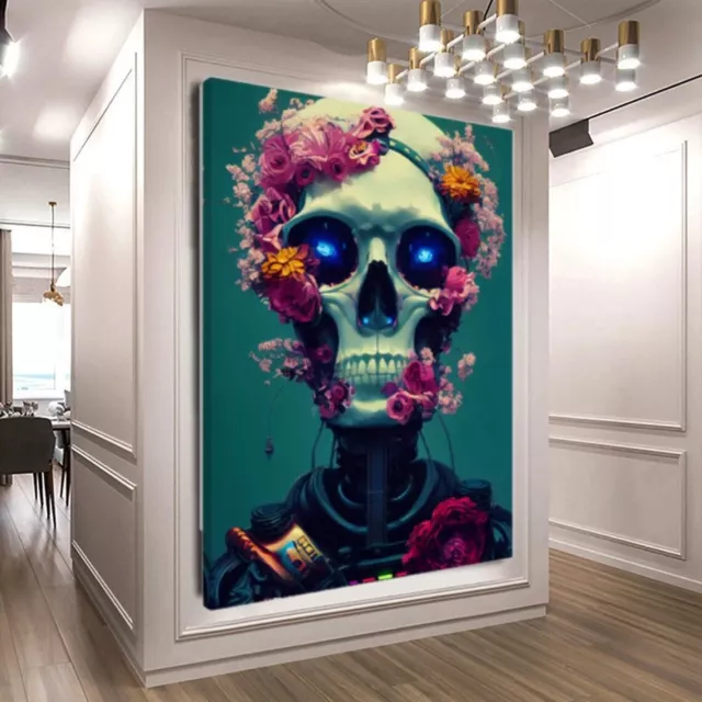 Skull Robot with Flowers Canvas Premium Quality Wall Art Print No Framed