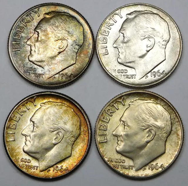 1964-P, D Roosevelt Dime Lot - 4 Coins - Colorful Toning