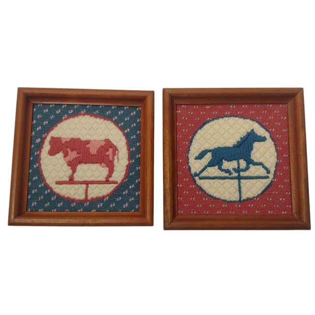 De colección 2 Completos Bordado con Aguja Vaca y Caballo Tejedor Enmarcado en Madera
