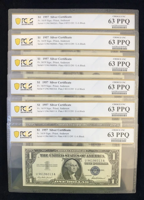 1957 $1 Silver Certificate Fr. 1619 Block U/A PCGS Graded Choice UNC 63 PPQ